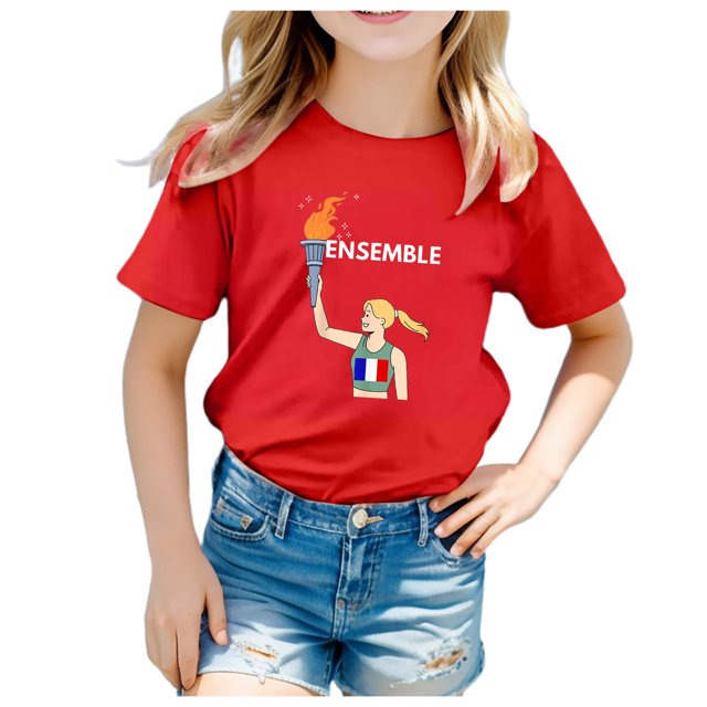 Hauts d'Été Unisexes Enfants Mode d'Été T-Shirt Imprimé Drôle à Manches Courtes Col Rond T-Shirt Haut T-Shirts à Manches Courtes Garçon Rouge 12 Ans-13 Ans
