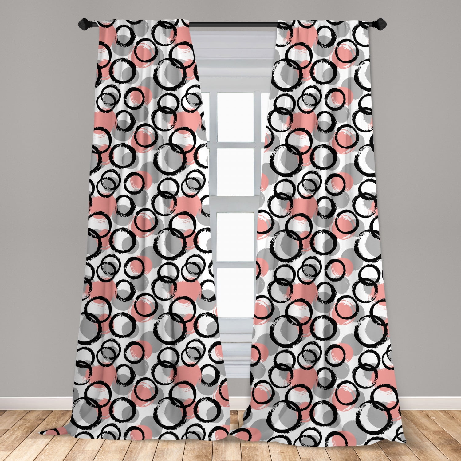 Geometric Curtains 2 Panels Set, Abstract Brushstroke Design Rounds and