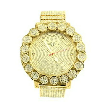 Mens Gold Finish Big Flower Bezel Real Diamond Khronos Diamond (Best Real Gold Watches)