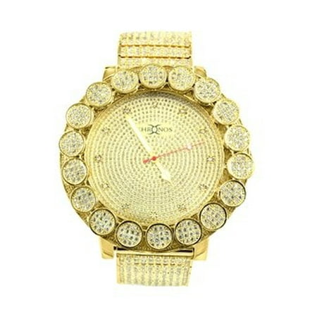 Mens Gold Finish Big Flower Bezel Real Diamond Khronos Diamond