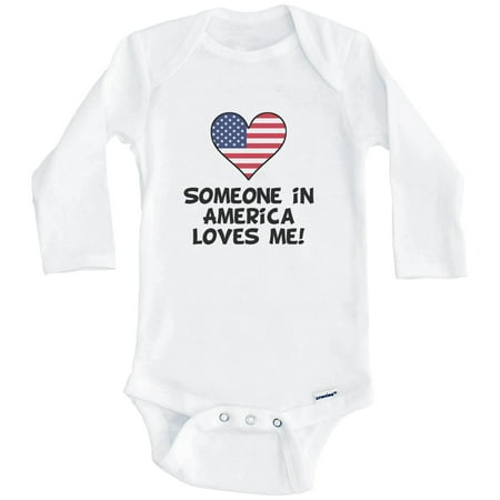 Someone In America Loves Me American Flag Heart One Piece Baby Bodysuit (Long Sleeve)  3-6 Months White
