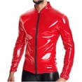 thumbnail image 2 of Blusa y camisa de manga larga con cuello vuelto para hombre, de color liso, informal, de cuero brillante, ajustada, con cremallera, de manga larga, con cuello alto, de PU., 2 of 4