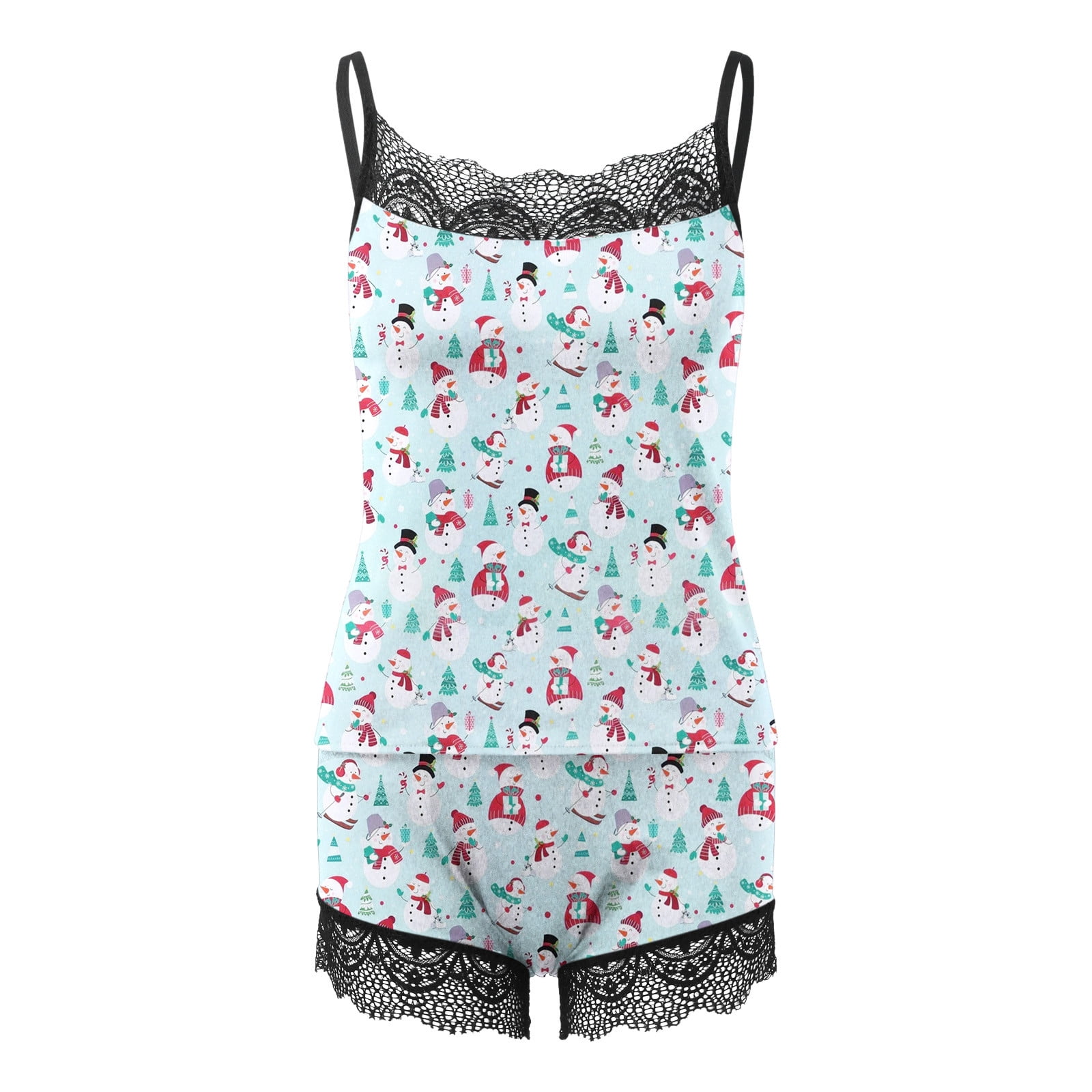 BONIXOOM Pajamas For Women Couples Christmas Pajamas Sleepwear Drawstring Sleeveless Sleepwear Sets Printed Light Blue S