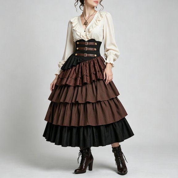 Steampunk Victorian, Tiered Skirt Corset, Belt Ruffled Gothic, Long Skirt Vintage, Steampunk Victorian Tiered Skirt With Corset Belt Ruffled Gothic Long Skirt for Fall Festival, Brown L
