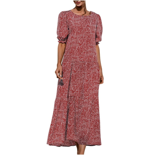 Vestido maxi informal de verano para mujer Vestido bohemio floral con cuello redondo Puff Manga corta Vestido de playa con gradas Vestido largo con vuelo Fridja yut380