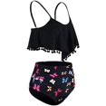 thumbnail image 3 of Women High Waisted Bikini Ruffle Swimsuit Flounce Pom Pom Trim Two Piece Bathing Suit Black Butterfly (S, 3 of 6