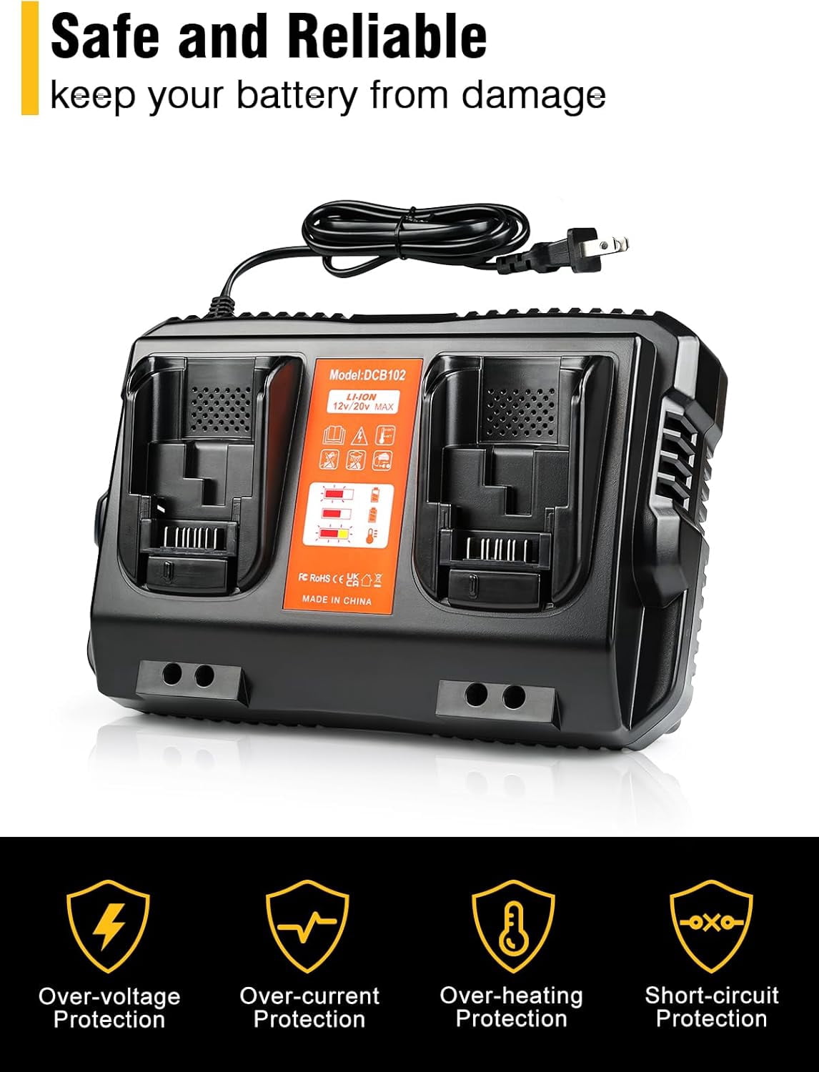 Abeden DCB102 Dual-Ports Battery Charger Compatible DeWalt 12V 20V Max Lithium Battery