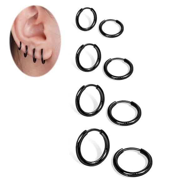 DESIGNICE 4 Pairs Small Black Hoop Earrings Set for Women Men (Black/2.0Mm) | 316L Surgical Stainless Steel, Hypoallergenic, Non Tarnish, Huggie Cartilage Hoop Earrings for Multiple Piercing Jewelry