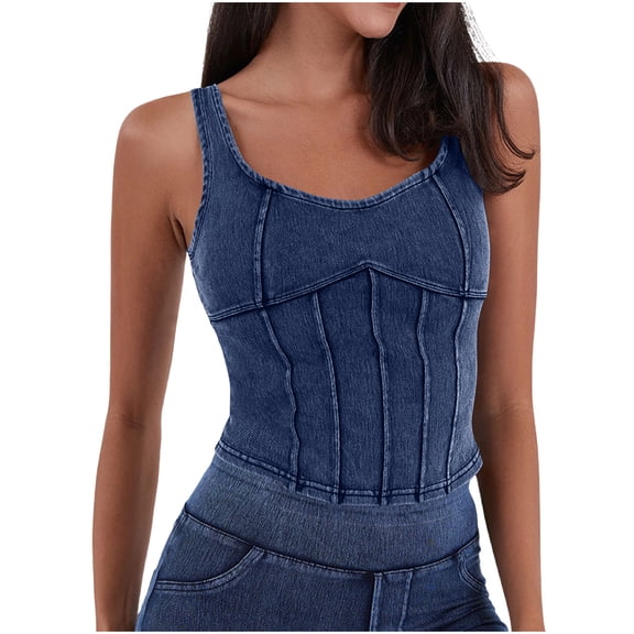 JGGSPWM Womens Sleeveless Denim Vest Crop Tank Tops Spaghetti Straps Slim Fit Summer Camisole Top Blue XL