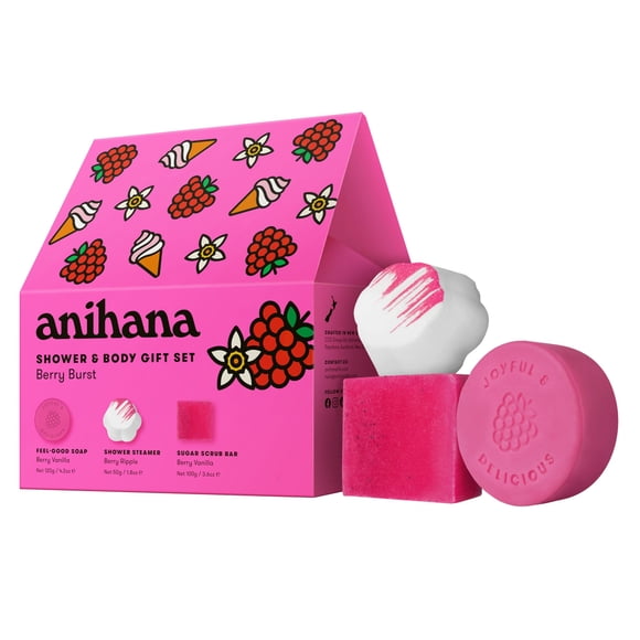 ANIHANA Berry Burst Set de regalo para ducha y cuerpo con barra exfoliante corporal con vaporizador de ducha y jabón para sentirse bien