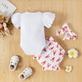 thumbnail image 3 of IBTOM CASTLE Newborn Baby Girls Casual Clothes Ruffles Sleeve Romper + Fruit Floral Bottoms Shorts + Headband 3PCS Summer Birthday Outfits 6-9 Months Lobster, 3 of 8