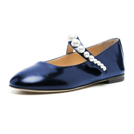 XYD Women Mary Jane Flats Multi-sized Pearls Cute Round Toe Comfort Slip On School Casual Ballet Shoes Size 9.5 Blue