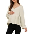 thumbnail image 4 of INSPIRE CHIC Womens Maternity Blouse High Low Tops V Neck Babydoll Button Long Sleeve Lantern Pleated Ruched Frill Pregnancy S Beige, 4 of 6