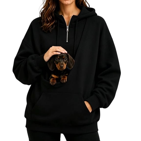 Women's Cat Dog Pet Pouch Hoodie, Quarter Zip Pullover Sweatshirt with Kangaroo Pocket and Long Sleeves