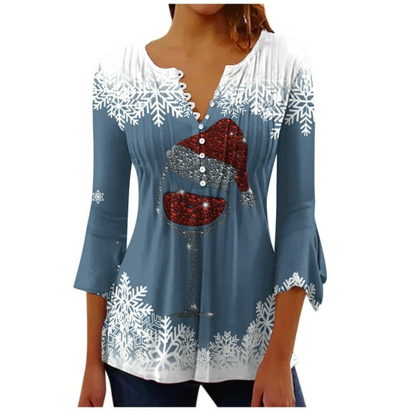 Fheaev Ugly Christmas Sweatshirt For Women Graphic Printed Button Down V-Neck 3/4 Sleeves T-Shirt Top Fall Holiday Pullovers Loose Tunic Blouse Top Unny Christmas Sweaters