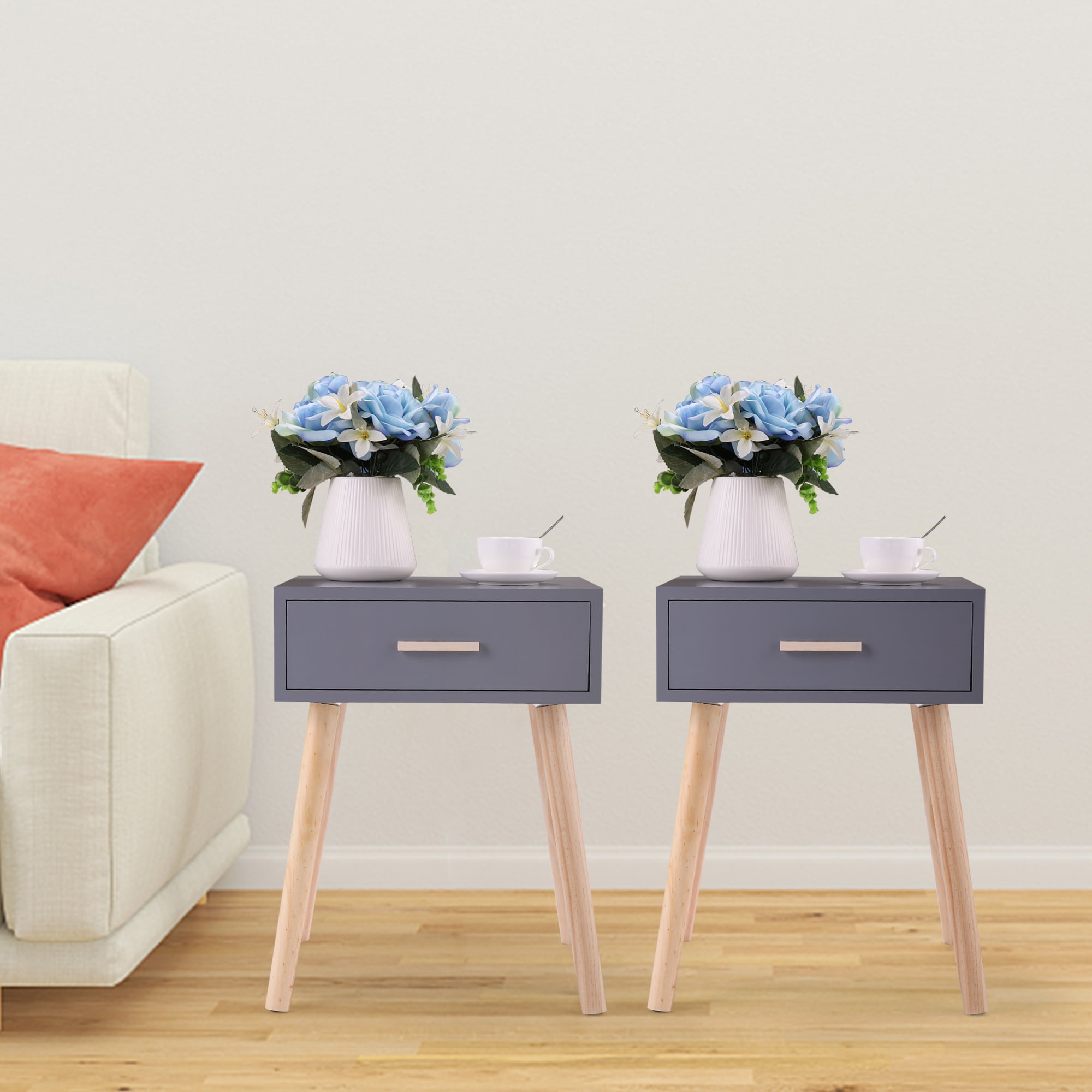 Sesslife Gray Night Stand Set of 2, Solid Wood Legs Furniture Bedside Table, Modern End Side