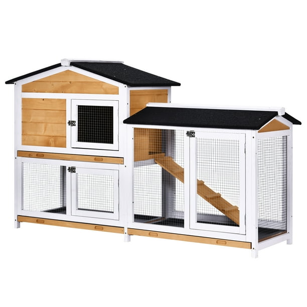 PawHut 2tier Wood Rabbit Hutch Backyard Cage Small Animal House with Entrance Ramp, Lockable