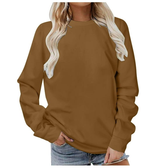 Gaexia Sweatshirt for Women Crewneck Sweatshirt Long Sleeve Pullover Soft Comfortable Casual Solid Top Loose Fit Warm Wear,Brown,L