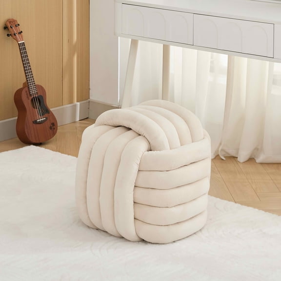 MAYEERTY Chenille Fabric Modern Knot Design Ottoman Makeup Stool Footstool, Comfortable Stylish Seat for Living Room & Bedroom, Beige