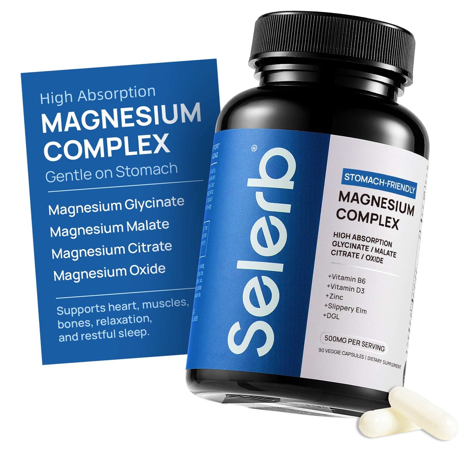 Selerb 4-in-1 Magnesium Complex Capsules – 300mg Magnesium with B6, D3, Zinc, Slippery Elm & DGL – Supports Sleep, Relaxation & Muscle Health – 90 Ct