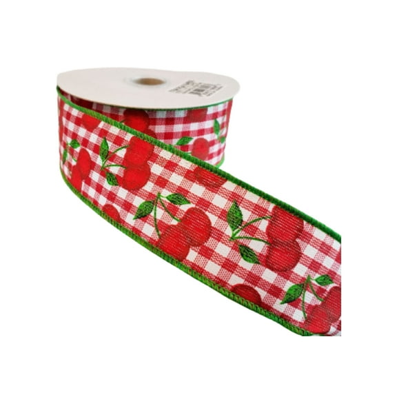 1.5"x10YD Cherries on Gingham Check Ribbon - Playful Charm in Red, White, and Green-RGA164956