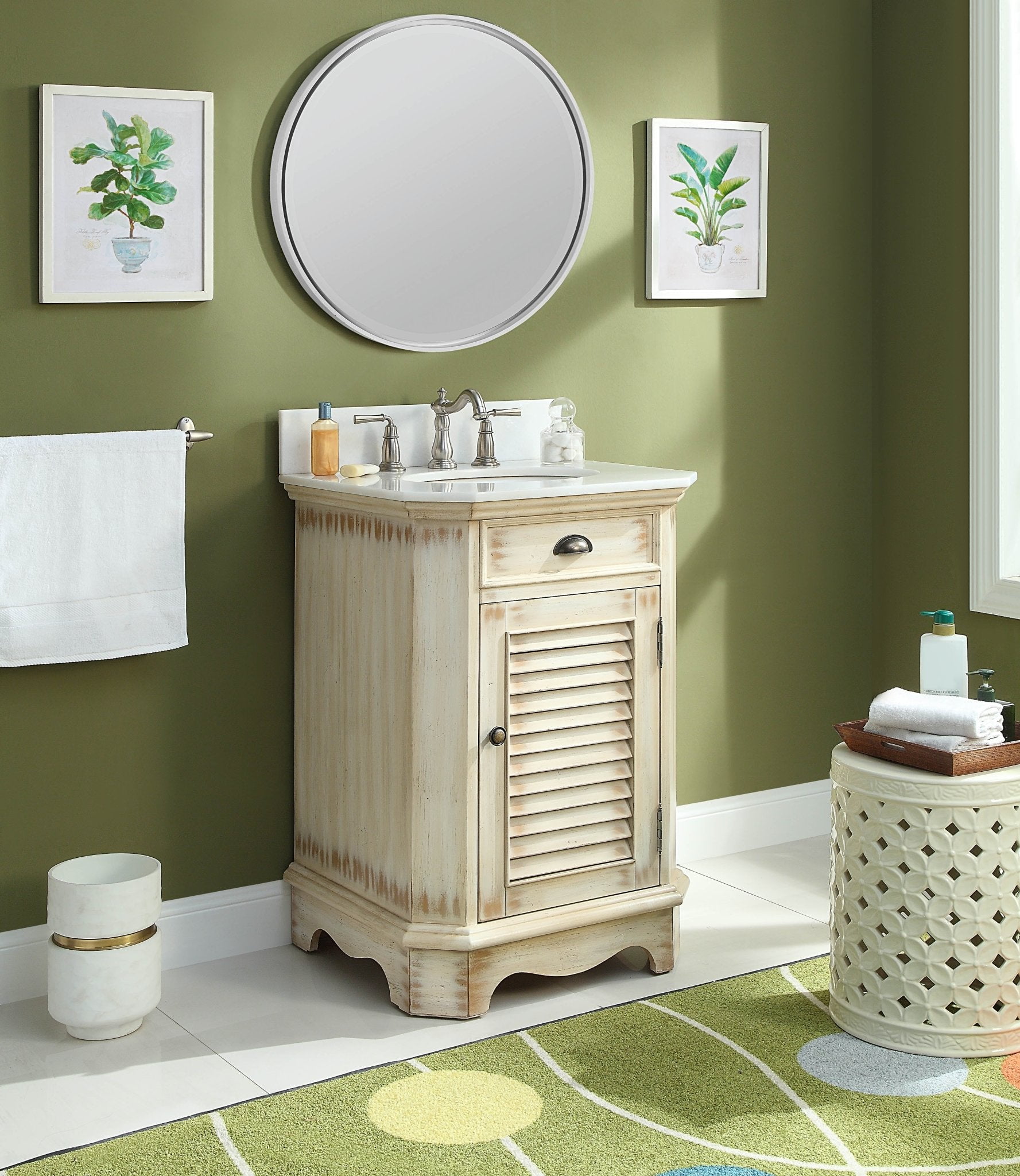 Benton Collection 24" Distressed Beige Farmhouse Bathroom Vanity with White Marble Top
