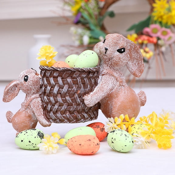 Easter Bunny Resin Basket Figurine, Rustic Dual Rabbit Planter Decor for Home Tabletop and Easter Decor