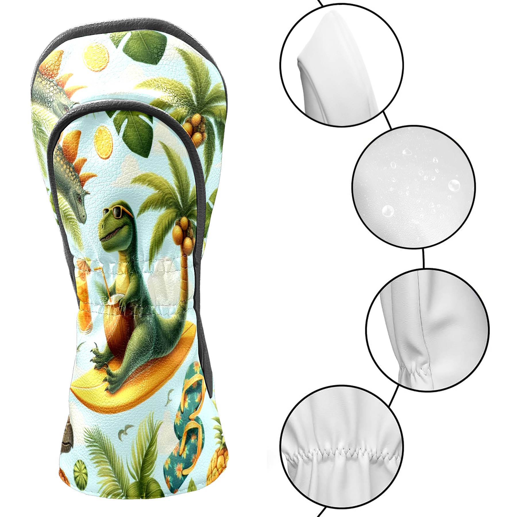 Golf Club Covers, Green Dino Tropical Premium PU Leather Driver Hybrid Putter Head Covers with Velvet Lining, Waterproof Golf Gifts for Men Women