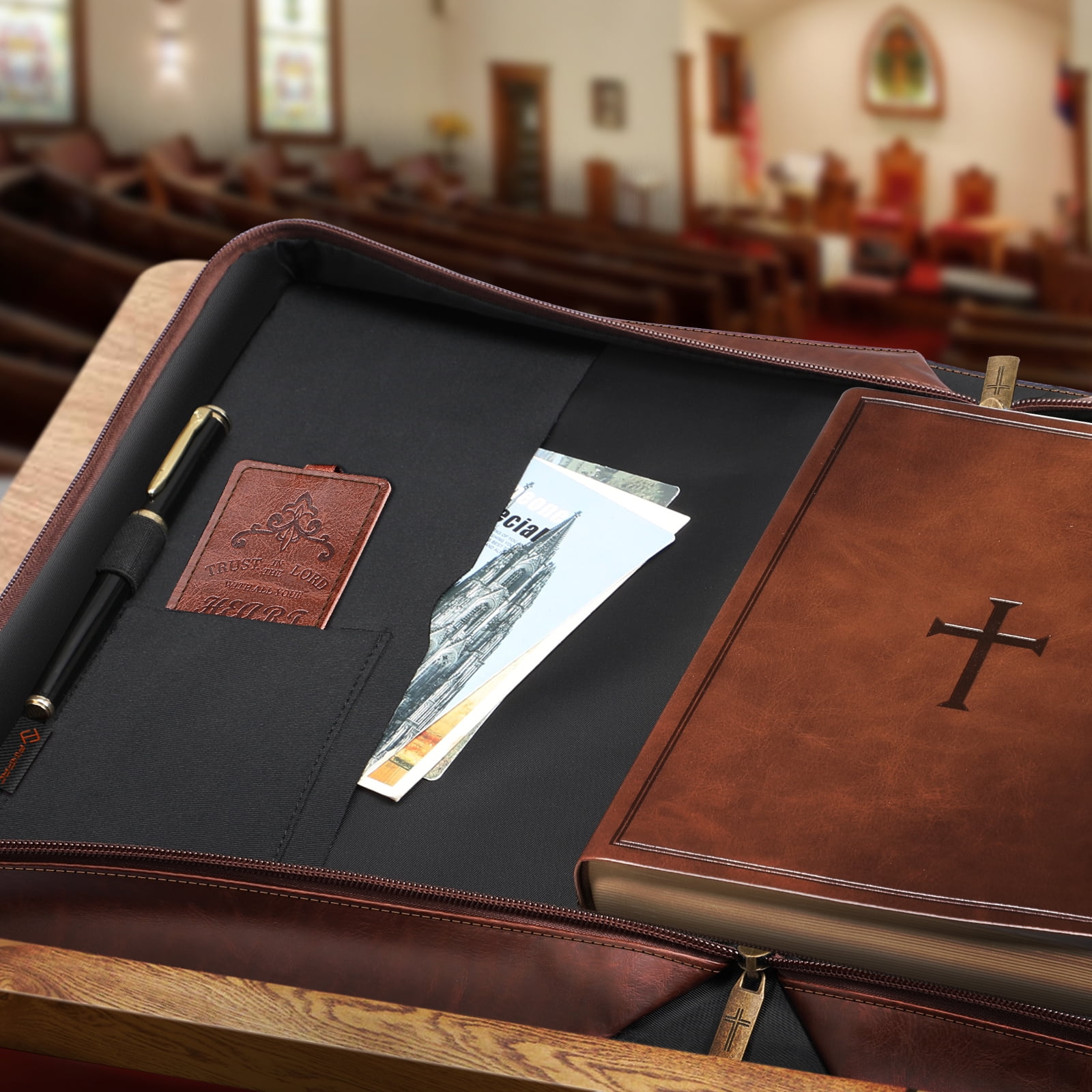 Classic Bible Cover, FINPAC Large PU Leather Carrying Book Case Church Bag Bible Protective with Handle, Perfect Gift for Women, Lady, Mother, Friends [Trust in The Lord], Brown