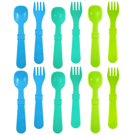 Re-Play Made in USA 12pk Toddler Feeding Utensils Spoon and Fork Set for Easy Baby, Toddler, Child Feeding - Sky Blue, Aqua, Green (Under the Sea) 6 Spoons/6 (Best Baby Feeding Utensils)