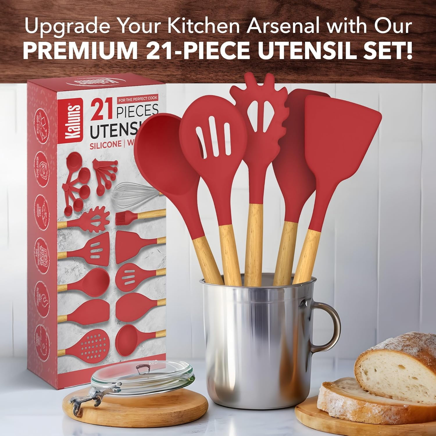 Kaluns 21 Pcs Wood and Silicone Kitchen Utensils Set for Cooking Household Essentials – Premium Cooking Utensil Set, Red
