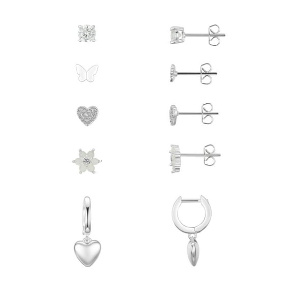 Believe by Brilliance Women's Cubic Zirconia Butterfly Heart Flower Stud Hoop Earring Set