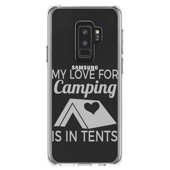 DistinctInk Clear Shockproof Hybrid Case for Samsung Galaxy S9  PLUS (6.2" Screen) - TPU Bumper Acrylic Back Tempered Glass Screen Protector - My Love For Camping is In Tents