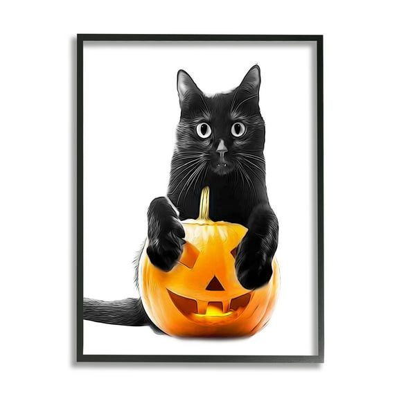 Stupell Industries Black Cat & Jack-o-Lantern Holiday Painting Black Framed Art Print Wall Art, 11 x 14