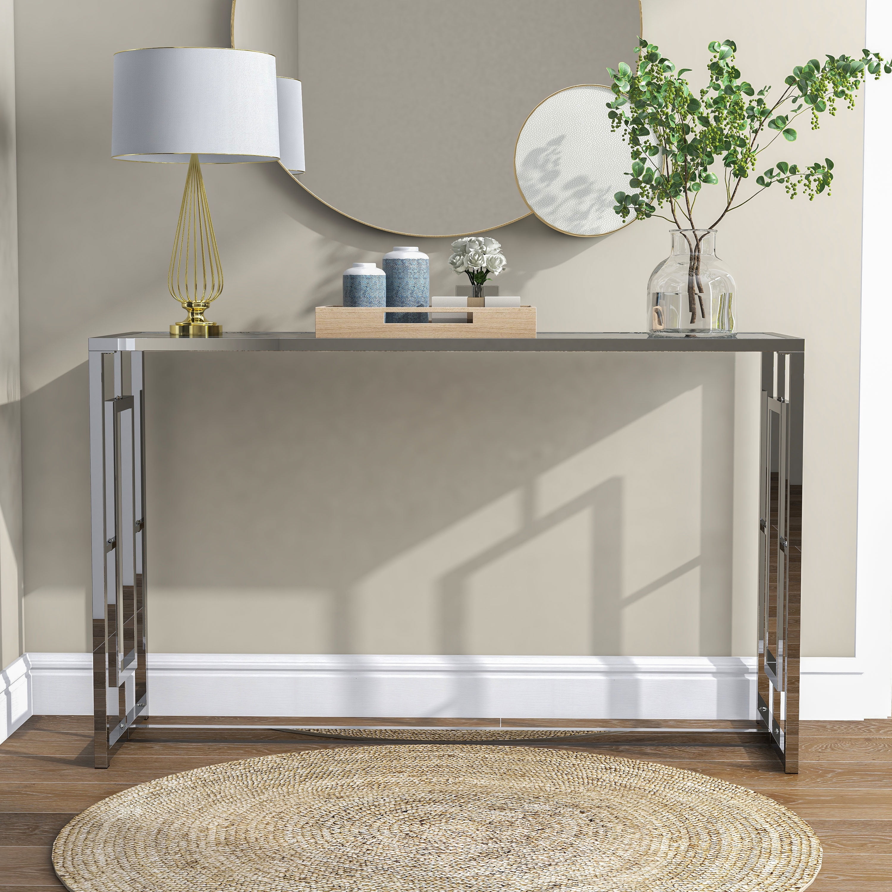 Furniture of America Lark Waterfall Pattern Glass Top and Metal Chrome Sofa Table