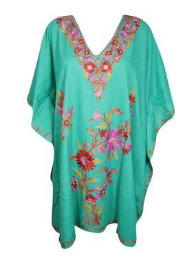 Mogul Womens Sea Green Kaftan Hand Embroidered Casual Loose Kimono Cover Up Dress One Size