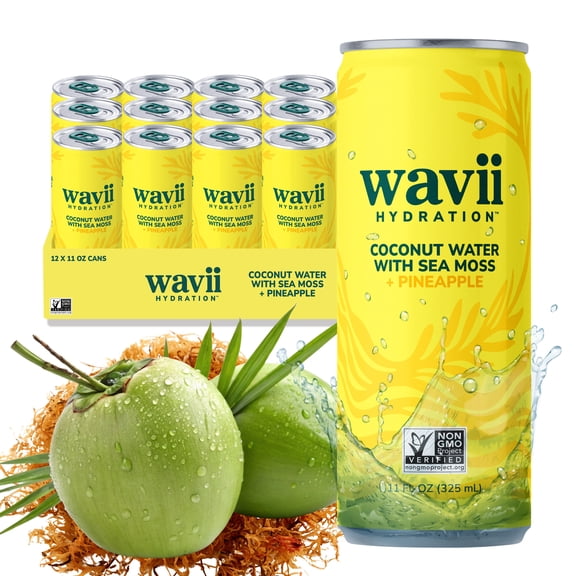 Wavii Organic Coconut Water with Organic Sea Moss plus Pineapple, 11 fl oz Cans, Pack of 12