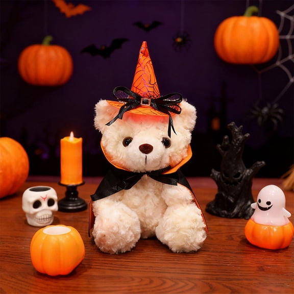 Halloween Teddy Bear Plush Toy, Cute Pumpkin Costume Stuffed Animal, Soft Holiday Decorative Doll, Kids Gift Accent (White)
