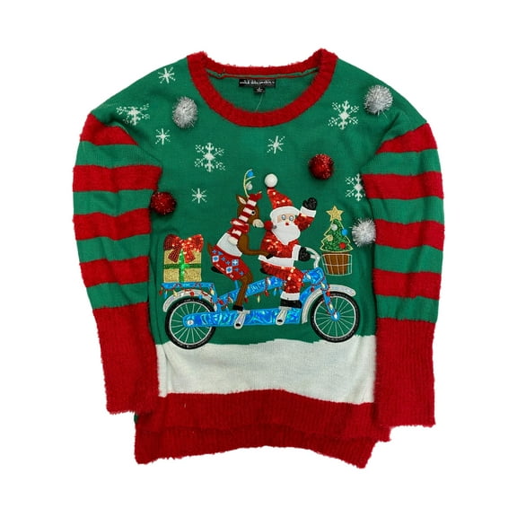 Womens Green Sequin Santa & Reindeer on Bike Christmas Holiday Sweater Large