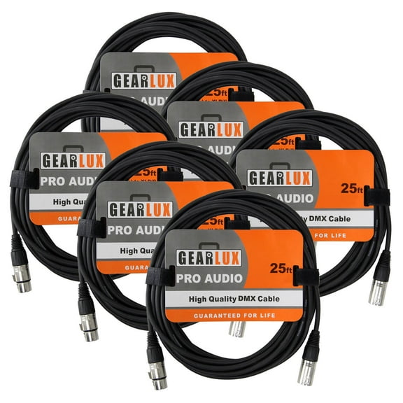 Gearlux 25-Foot 3-Pin Male-to-Female DMX Cable - 6 Pack