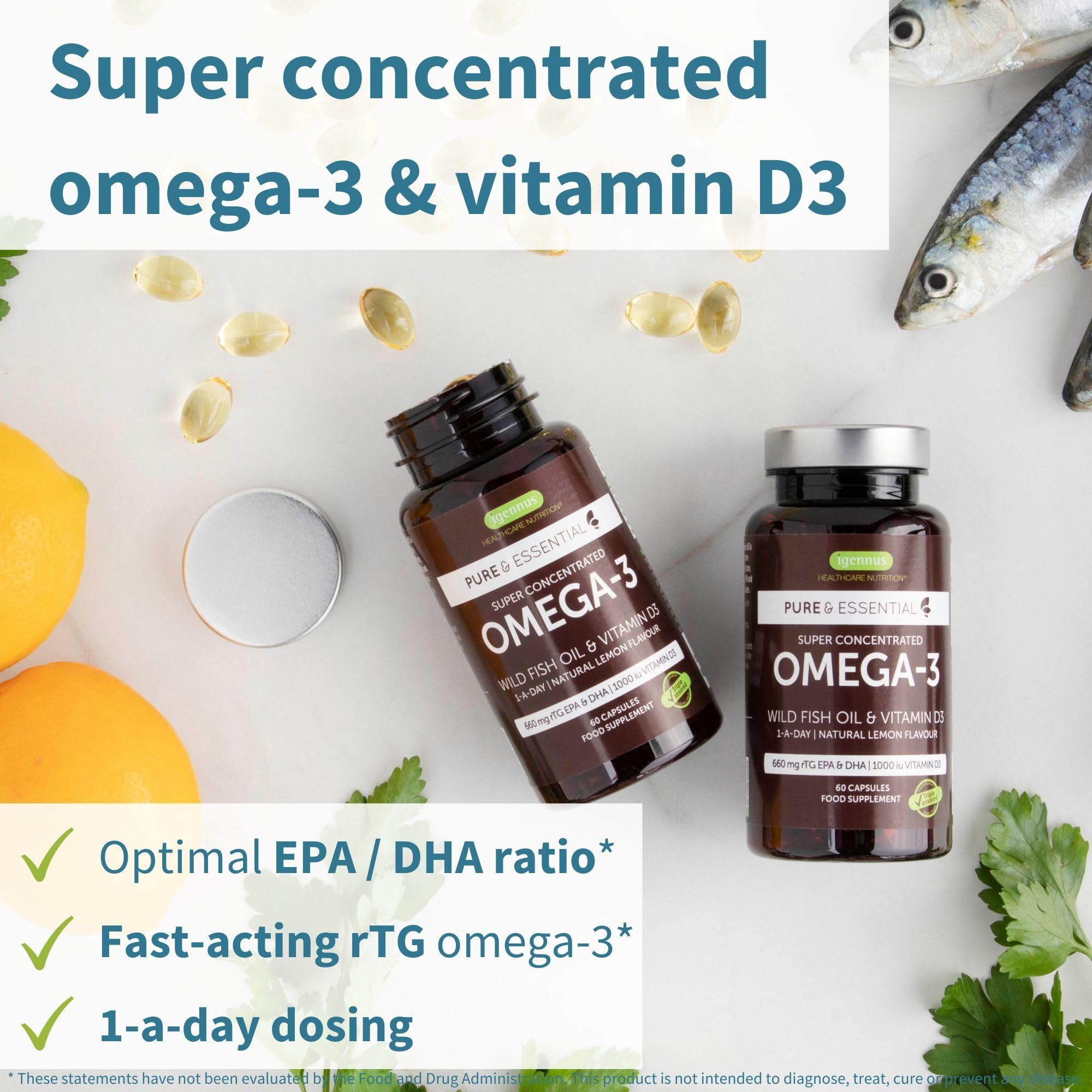 Igennus Advanced rTG Omega-3 IFOS Certified Wild Fish Oil & Vitamin D3, 1-a-Day, Fatty Acids EPA & DHA, Fast-Acting Triglyceride Form, Ultra Pure & Non-GMO, 180 Softgels