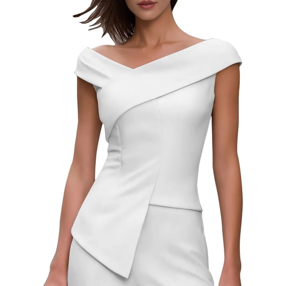 Hulanddfd Women's Tops Fashion Off-Shoulder Crossover V-Neck Asymmetric Top White Size 2XL