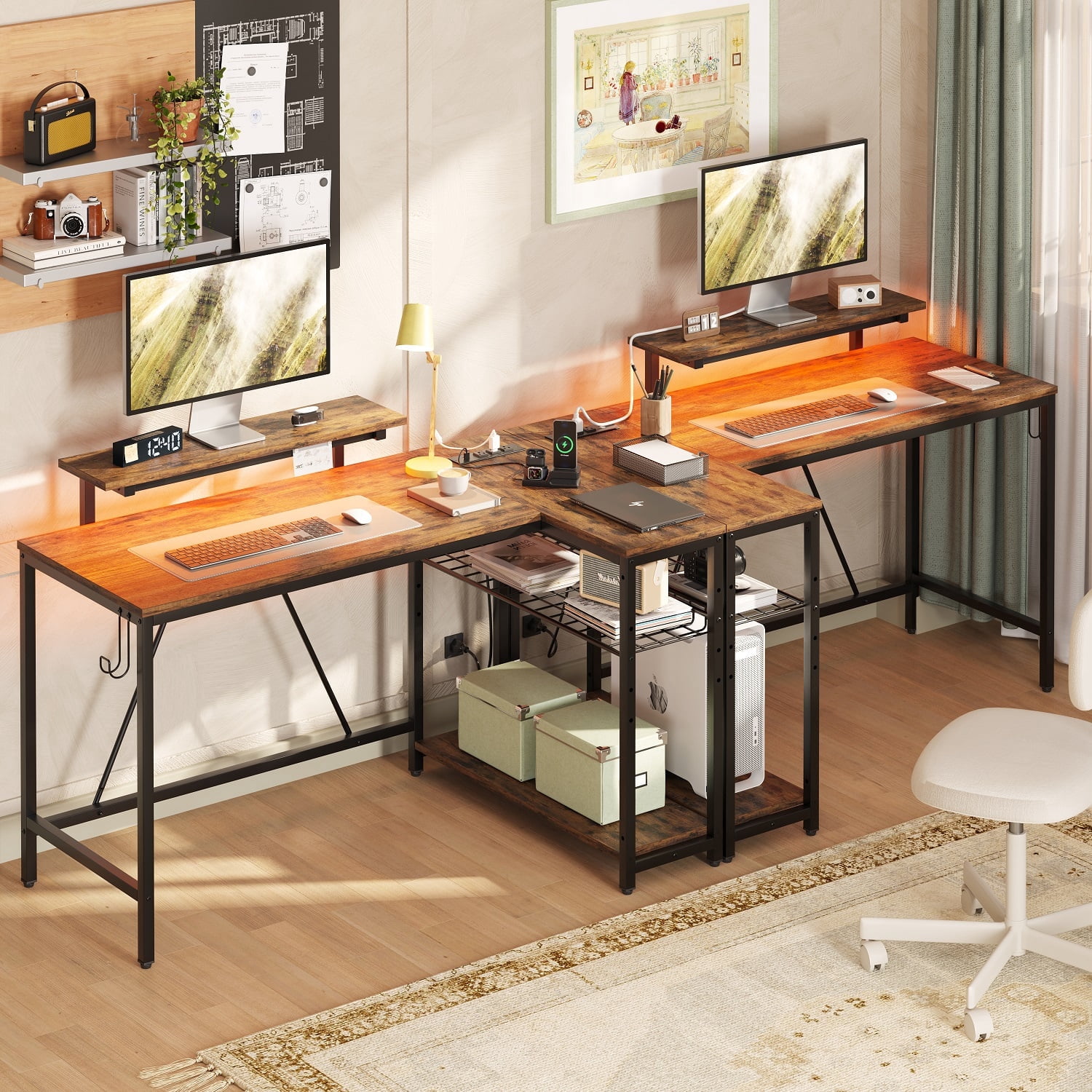 Bestier 48" L Shaped Desk with LED Lights & Power Outlets, Corner Computer Desk with Monitor Stand for Home Office, Rustic