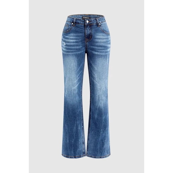 Women's Medium Wash Distressed Bootcut Jeans, Low Rise Slim Fit Western Denim Pants