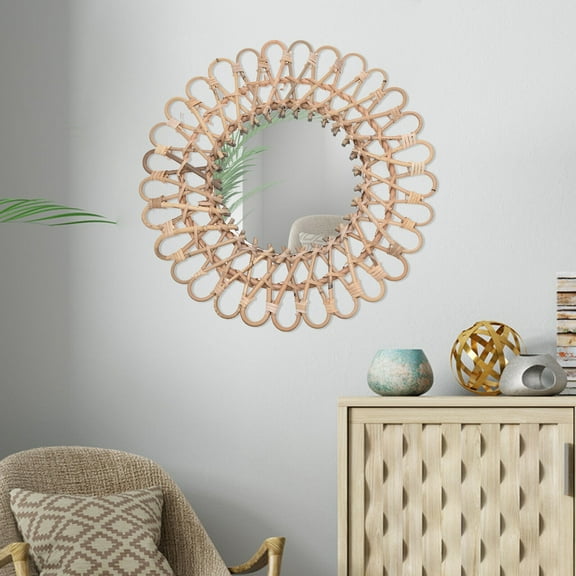 Nordic Natural Rattan Wall-Mounted  Round Mirrors, Creative Art Decor Hanging Mirror, Bathroom Toilet Mirror Wicker Sunflower Circular Wall Mirror