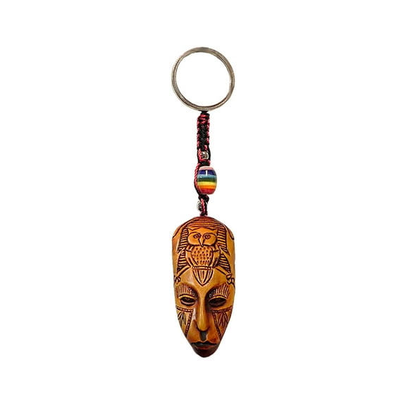 Owl Goddess Polynesian Tiki Head 3D Figurine Keychain Multicolored Macramé Metal Ring - Handmade Gifts Boho Car Keys Bag Accessories