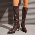 thumbnail image 2 of Women's Crinkled Leather Pointed Toe Knee High Boots, Slim Flared High Heel Side Zipper Tall Dress Boots, Elegant Stiletto Calf Boots Brown 9(42), 2 of 9