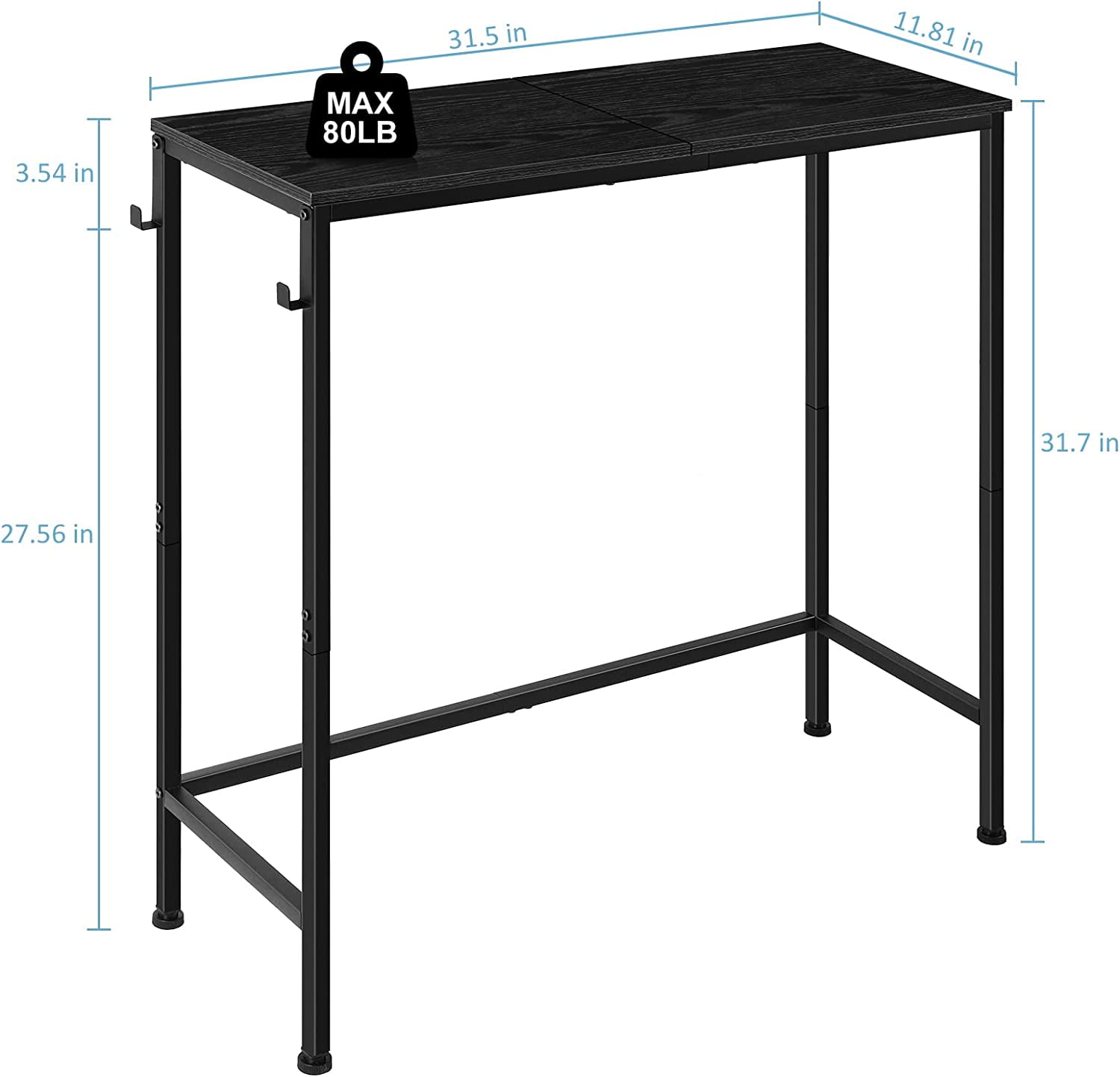Narrow Console Entryway Table with Hooks, Black