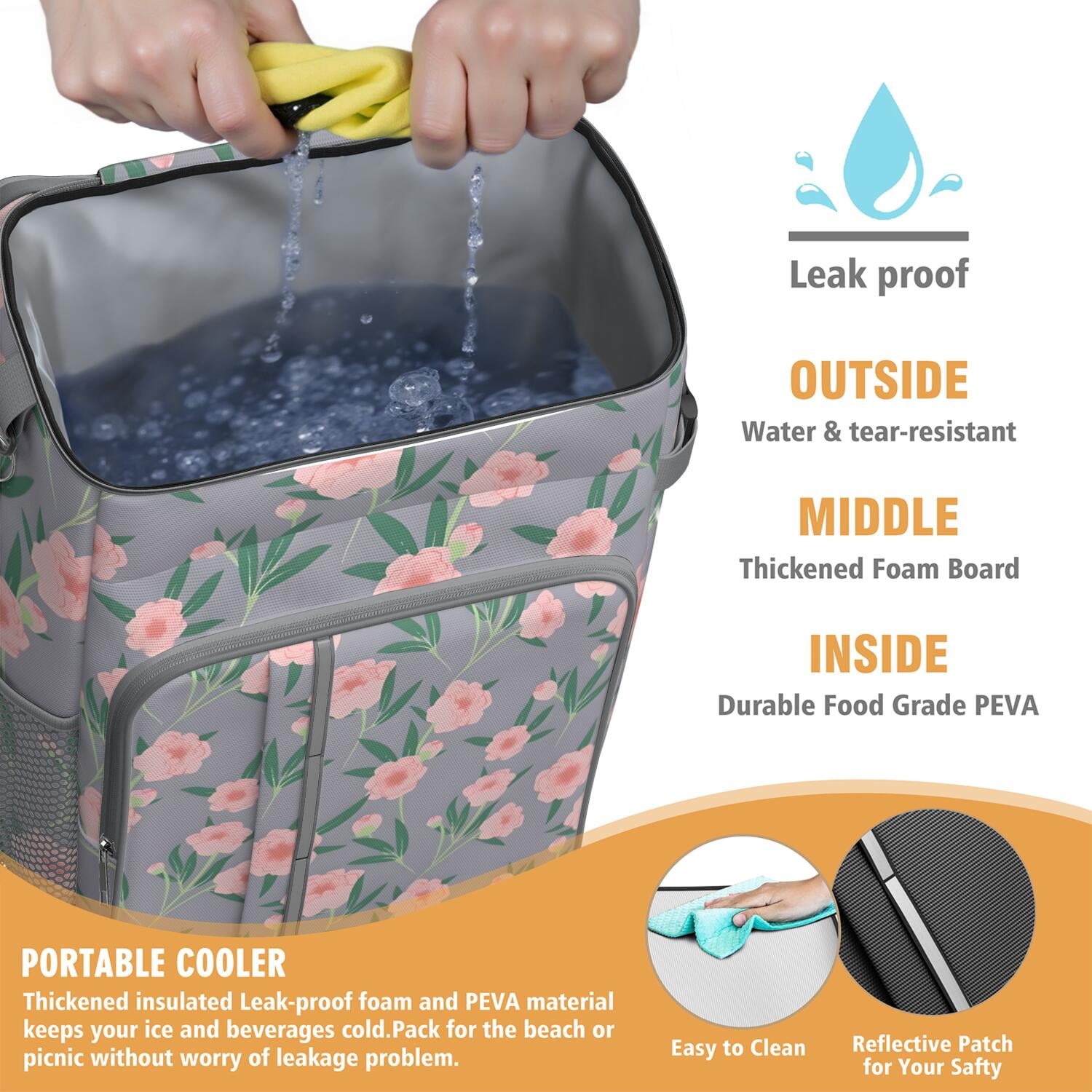 Travel Cooler Bag - Pioneer Flower Floral Print Pattern Camping Beer Cooler Backpack with Bottle Opener- Waterproof Insulated Picnic Backpacks - Cooler Bag for Beach