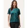 thumbnail image 4 of Camiseta de manga corta con cuello redondo informal de terciopelo vintage para mujer Azul verde S, 4 of 5